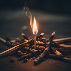 A close-up of a single matchstick igniting a small pile of wooden sticks with a glowing flame and smoke rising in a dark environment