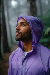 Young african male in purple jacket admiring nature in misty forest