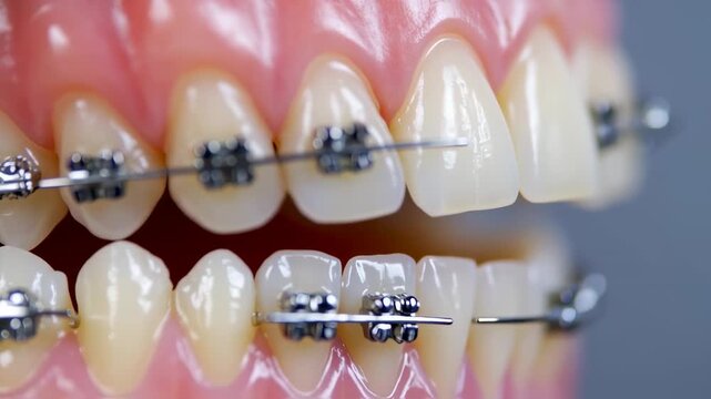 Close-up of dental braces installation for teeth alignment and aesthetic appearance