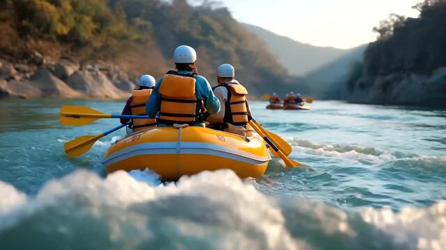 River rafting in Rishikesh rapid, helmets and paddles splash, India, rafting, adventure, outdoors, Rishikesh, tourism, sport, water, thrill, with copy space