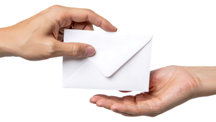 Hand passing a white envelope to another hand, isolated on transparent background