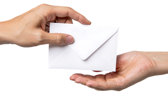 Hand passing a white envelope to another hand, isolated on transparent background