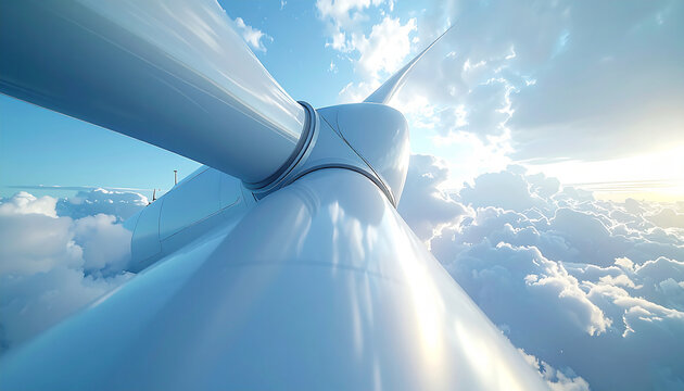 Wind Turbine in the Clouds: The close-up shot of a wind turbine, its blades gracefully turning against a backdrop of fluffy clouds and blue sky, a testament to sustainable energy. - Powered by Adobe
