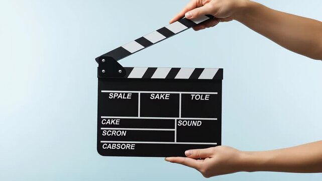 Hands clapping a movie clapperboard to start a scene. Film production and cinema industry concept. Action slate isolated on a blue background