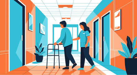 Elderly Patient Assisted by Nurse With Walker in a Modern Hospital Hallway Design