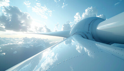 Whispers of the Wind: An abstract view of a wind turbine blade reaching into the bright blue sky, the clean, renewable energy it symbolizes soaring through the clouds.