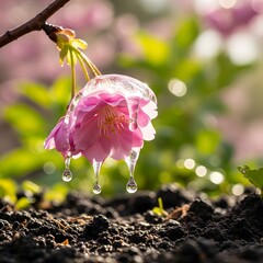 Close-up of a delicate pink flower with water droplets hanging from its petals and stem, set against a blurred natural background with sunlight shining through