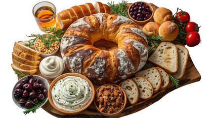 A delicious and abundant charcuterie board with bread, dips, and olives, isolated on transparent background