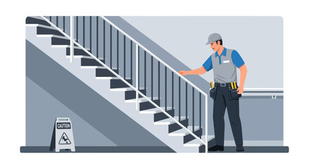 Technician Inspecting Staircase While Wet Floor Warning Sign is Nearby for Safety