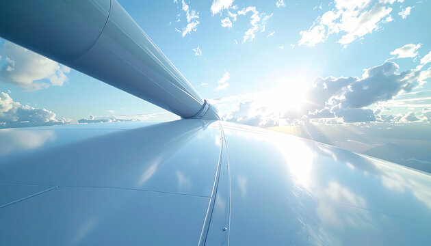 Energy Pathway: A close-up view captures the sleek, curving form of a wind turbine blade against the backdrop of a bright sky, symbolizing sustainable power generation.
