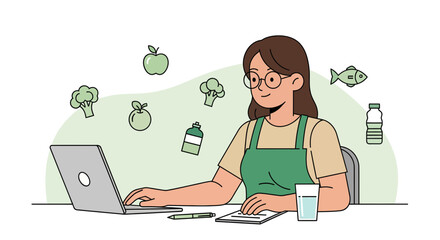 Woman Analyzing Nutrition Information with Laptop, Featuring Healthy Food Icons and Water