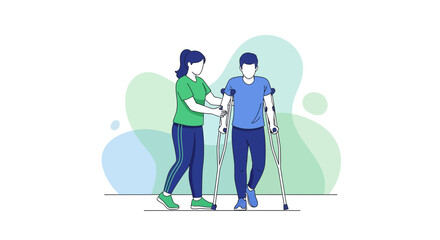Woman Assisting Man Using Crutches After Injury, Colorful Illustration With Abstract Background
