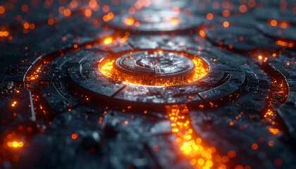 Fiery Futuristic: An abstract, industrial scene depicting a futuristic metallic surface, glowing with molten heat, the intense energy and intricate details evoking a sense of technological marvel.