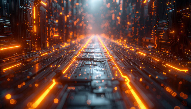 Digital Pathway: An illuminating perspective of a data pathway, an intricate network of interconnected circuits glows with neon lights.