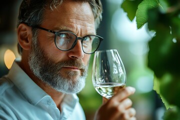 Sommelier man tasting white wine in glass, expertise concept