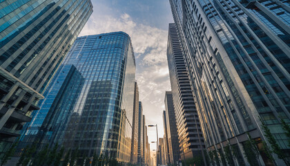 Modern Skyscrapers in City at Sunset