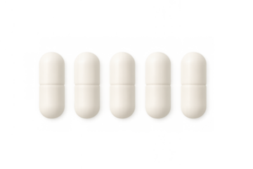 Five white capsules neatly arranged in a row on a clear background, showcasing pharmaceutical products or nutritional supplements