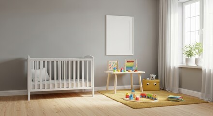 Bright and Minimalist Nursery Room with White Crib and Toy Play Area