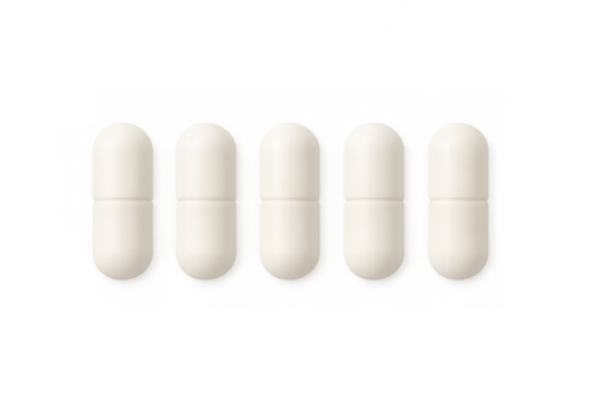 Five white capsules neatly arranged in a row on a clear background, showcasing pharmaceutical products or nutritional supplements