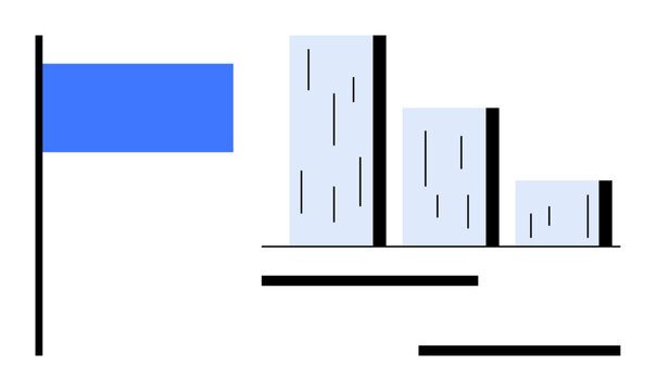 Blue flag alongside descending bar graph illustrating progression, achievements, goals, or completion stages. Ideal for business, success, analysis, strategy, planning progression achievement