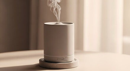 Modern aroma diffuser emitting steam in a minimalist setting creating a calming and peaceful atmosphere