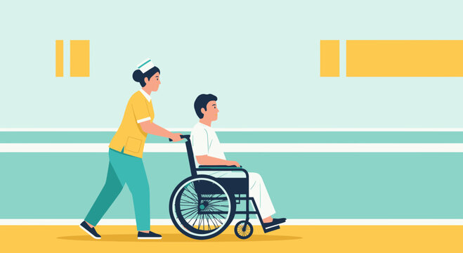 Caring Nurse Assists Patient, Providing Mobility In Healthcare Facility Setting