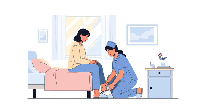 Caring Nurse Assists Patient by Offering Footwear While Patient Recovers in Hospital Room
