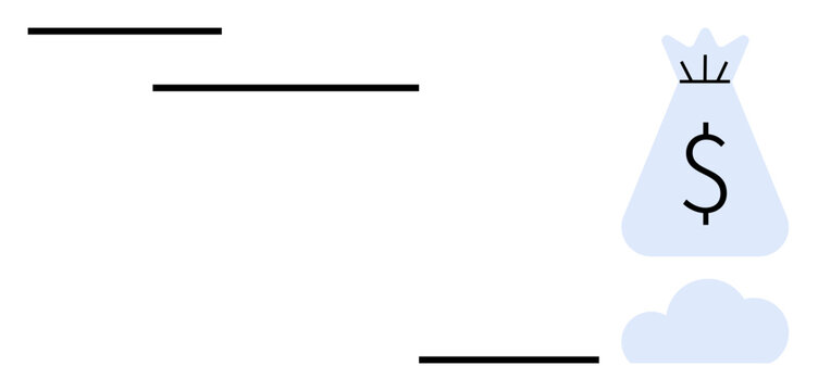 Money bag with dollar sign next to a cloud icon and horizontal lines resembling steps. Ideal for financial growth, investment success, saving strategies, income planning, business progress, wealth