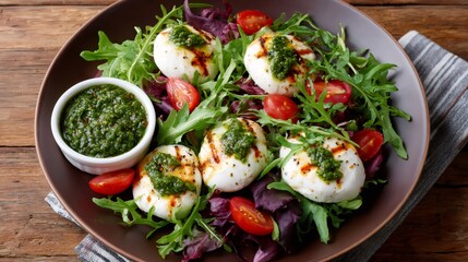 Grilled mozzarella salad with pesto and fresh arugula