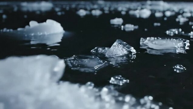 Ice cubes floating in dark water, close-up shot.