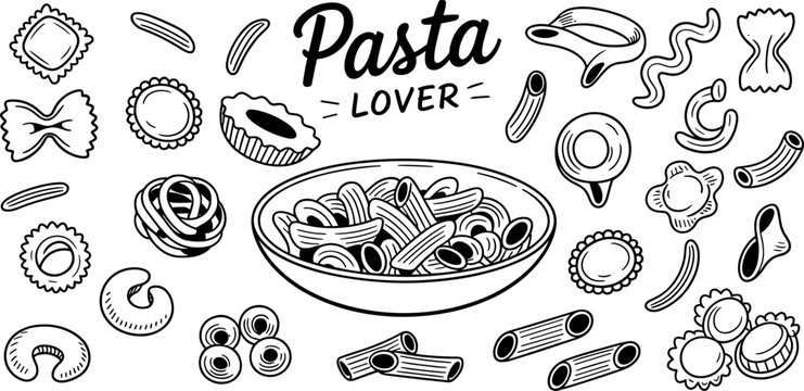 Pasta lover collection of hand drawn pasta shapes food