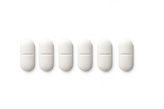 White pills for health and medication, showing medicine and drugs for healthcare and wellbeing, transparent background