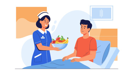Caring Nurse Offering Fresh Fruits To Patient for Healthcare Wellbeing Illustration