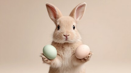 Obraz premium Realistic rabbit standing upright, holding colorful eggs during a cheerful spring celebration. Easter