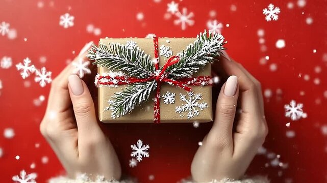Woman's hands holding a festive christmas gift. Decorated present with falling snow on a red background. Holiday season and gift-giving concept