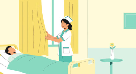Caring Nurse Opens Window Curtains for Patient, Brightening Healthcare Environment