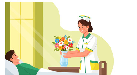 Caring Nurse Presents Flowers to Recovering Patient in Hospital Room Setting