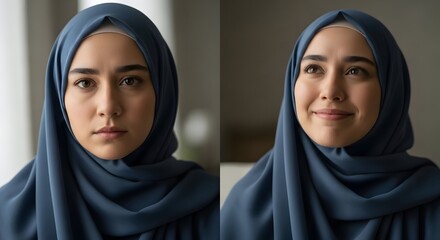 Two women wearing navy blue hijabs sit indoors, one with a serious expression and the other smiling gently, conveying a sense of calm and cultural identity