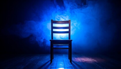 Empty chair bathed in blue light and smoke.
