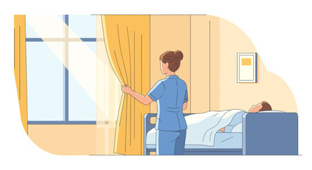Caring Nurse Reveals Window Sunlight To A Patient In A Hospital Recovery Room