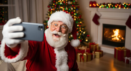Santa holding a phone and trying to take a selfie, probably with a funny facial expression and a slightly unkempt beard