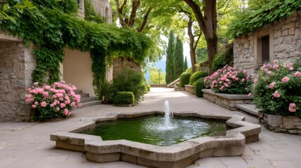 Obraz premium Stone fountain splashing water in a beautiful garden courtyard