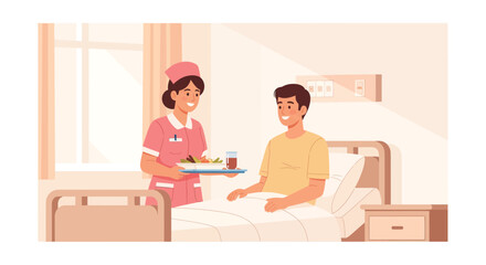 Caring Nurse Serves Smiling Patient Food In Bright Hospital Illustration Scene