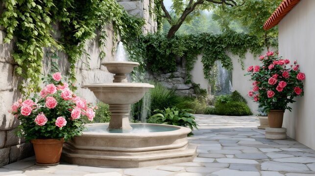 Stone fountain flowing in a serene mediterranean garden courtyard - Powered by Adobe