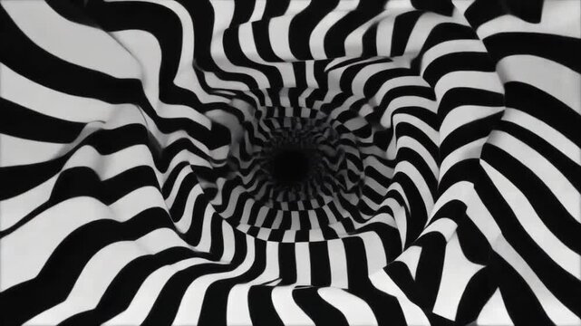 Tunnel of constantly shifting black and white optical illusion lines, psychedelic, strobe light effect, mesmerizing, high-contrast animation