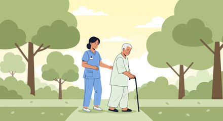 Compassionate Caregiver Assisting An Elderly Person While Walking In A Park Scene Illustration