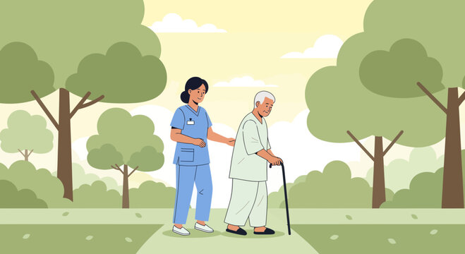 Compassionate Caregiver Assisting An Elderly Person While Walking In A Park Scene Illustration