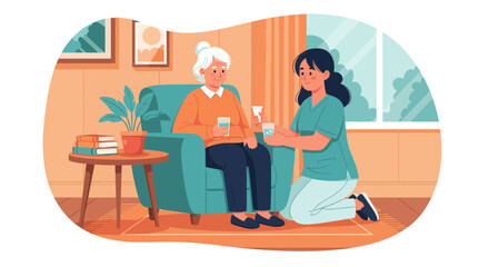 Compassionate Caregiver Assisting An Elderly Woman With Health, Wellness, and Hydration