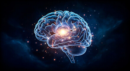 A futuristic brain illustration with glowing neural pathways, symbolizing intelligence and cognitive processes in a dark background. 