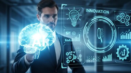 Businessman using a futuristic AI interface with a holographic brain. Man touching a virtual screen with data analytics for business innovation. Digital transformation and technology concept - Powered by Adobe